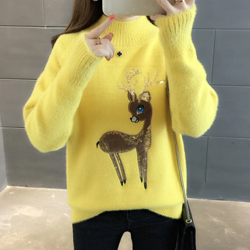 

Cute Sweater Korean Reindeer Ugly Christmas Sweater Women Winter Warm Sweaters Fluffy Cashmere Jumper Turtleneck Pullover 2022