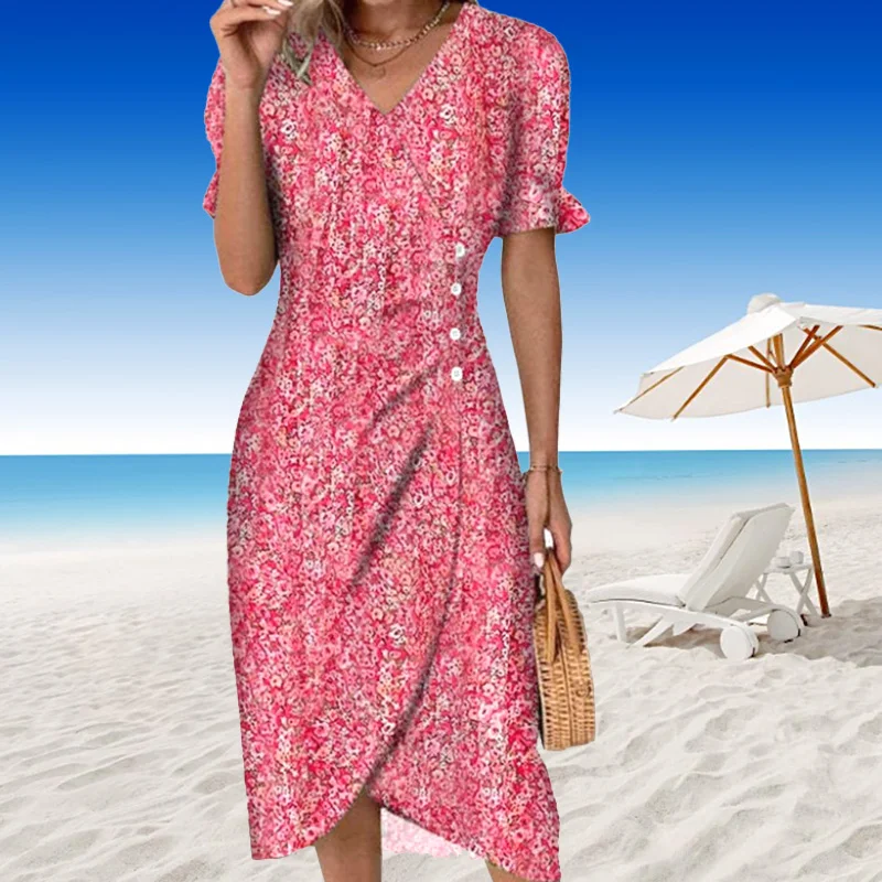 Elegant Flower Pleated H-shaped Midi Dress Women's V-neck Fluffy Sleeve Waist Pleated Button Dress Women's Summer Dress
Elegant Flower Pleated H-shaped Midi Dress Women's V-neck Fluffy Sleeve Waist Pleated Button Dress Women's Summer Dress