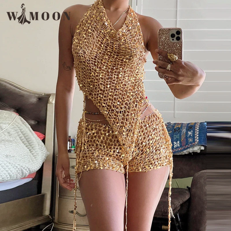 Gold Sequin Halter Hood Sexy Hollow Knitted Tank Tops and Shorts 2 Piece Set Women Backless Bandage Summer Club Party Outfits
Gold Sequin Halter Hood Sexy Hollow Knitted Tank Tops and Shorts 2 Piece Set Women Backless Bandage Summer Club Party Outfits