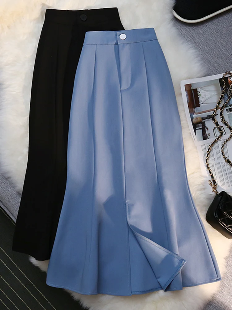 

Elegant Long Skirt for Women 2022 New Spring Summer Causal Korean Fashion Midi Work Trumpet Pencil Skirts Black Blue