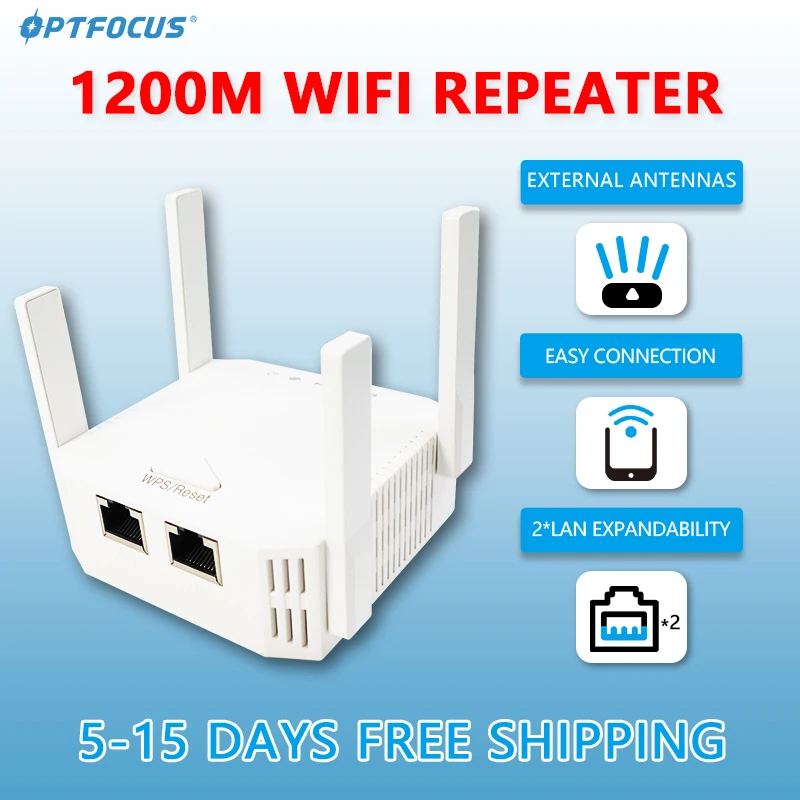 OPTFOCUS WiFi Repeater 1200Mbps 2.4G 5G 2 LAN WAN For Router Repetidor 4 Antennas Wifi Amplificador outdoor Range Extender
OPTFOCUS WiFi Repeater 1200Mbps 2.4G 5G 2 LAN WAN For Router Repetidor 4 Antennas Wifi Amplificador outdoor Range Extender