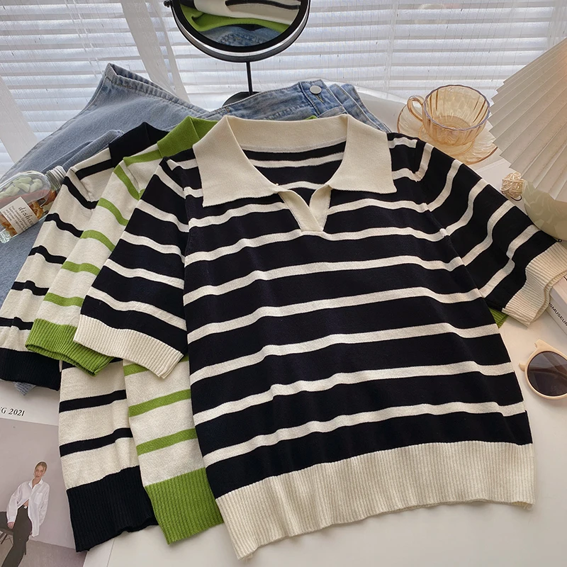 Knitted Pullovers For Women Polo Collar Short Sleeve Top Korean Fashion Patchwork Striped Sweater Casual Woman Pullover Dropship
Knitted Pullovers For Women Polo Collar Short Sleeve Top Korean Fashion Patchwork Striped Sweater Casual Woman Pullover Dropship