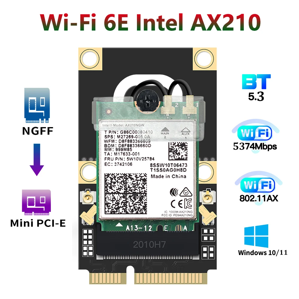 Wi-Fi 6E 5473 Мб/с Bluetooth 5,3 Mini PCI-E адаптер Intel AX210 2,4G 5 ГГц 6 ГГц Беспроводная AX210NGW 802.11ax/ac Wi-Fi 6 карт
Wi-Fi 6E 5473 Мб/с Bluetooth 5,3 Mini PCI-E адаптер Intel AX210 2,4G 5 ГГц 6 ГГц Беспроводная AX210NGW 802.11ax/ac Wi-Fi 6 карт