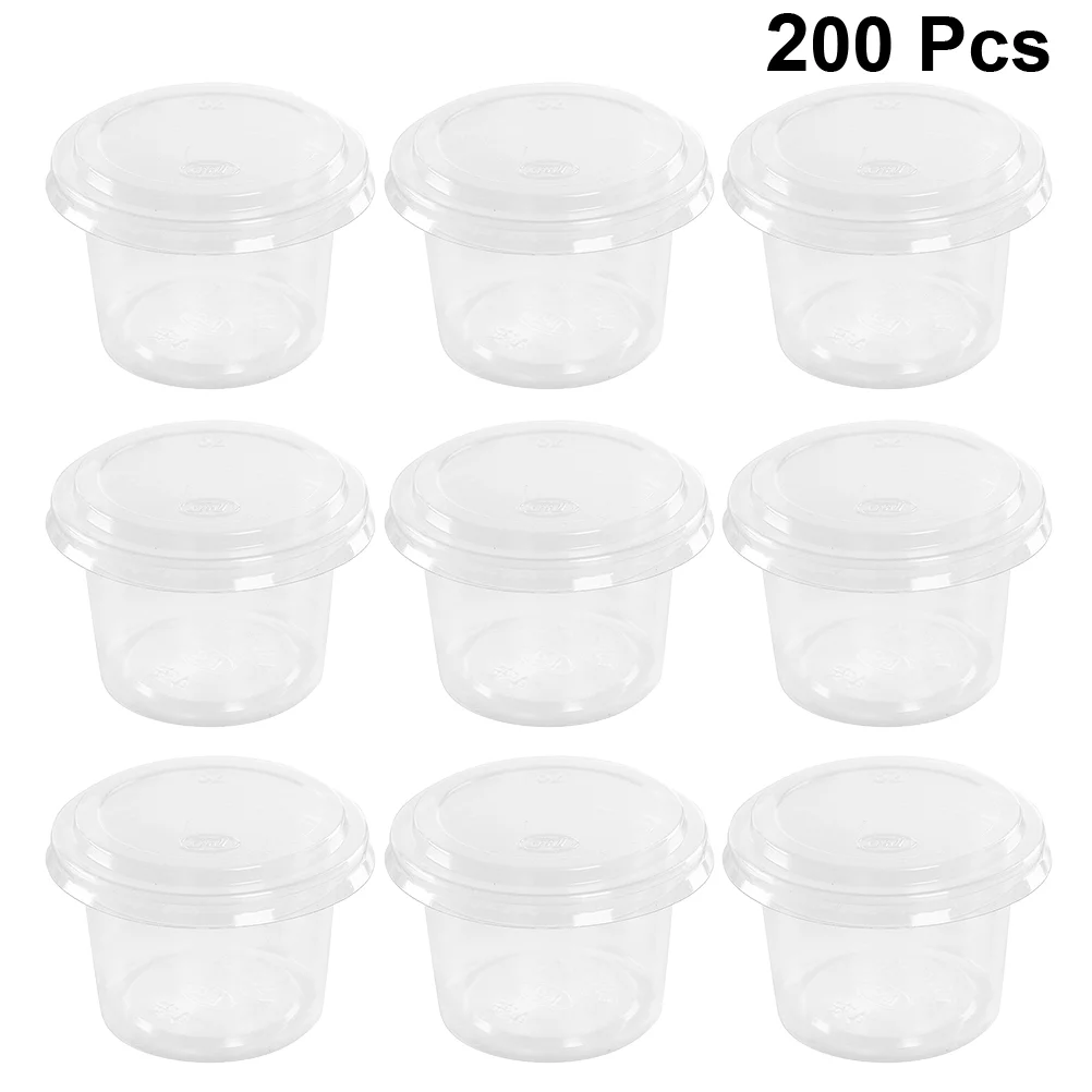 

200pcs Disposable Sauce Cups Small Sauce Container Plastic Jelly Cups Pudding Mousse Cup with Lid for Home Shop