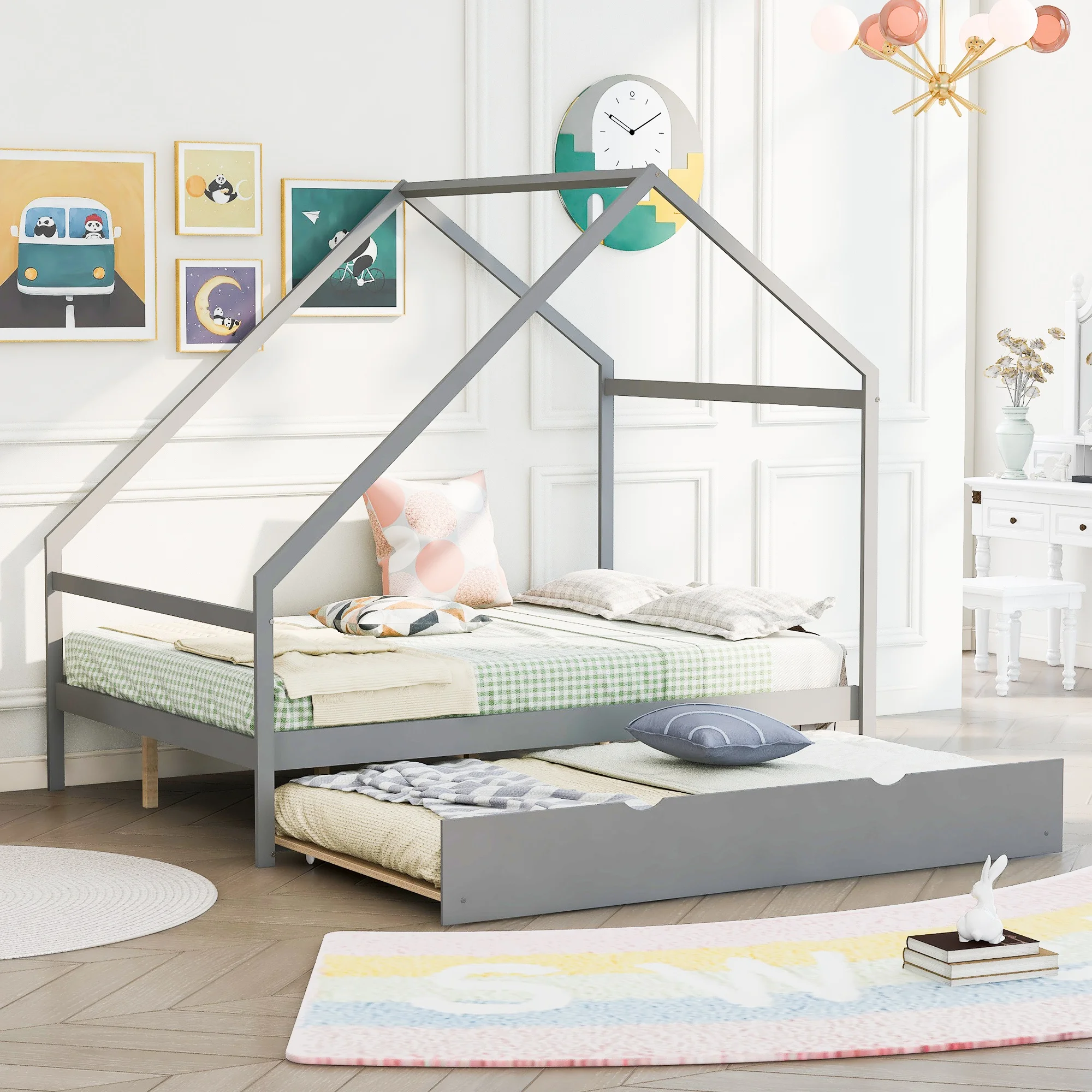 Home Modern And Minimalist Wooden Bedroom Furniture Beds Frames Bases Full Size Wooden House Bed With Twin Size Trundle Gray
Home Modern And Minimalist Wooden Bedroom Furniture Beds Frames Bases Full Size Wooden House Bed With Twin Size Trundle Gray