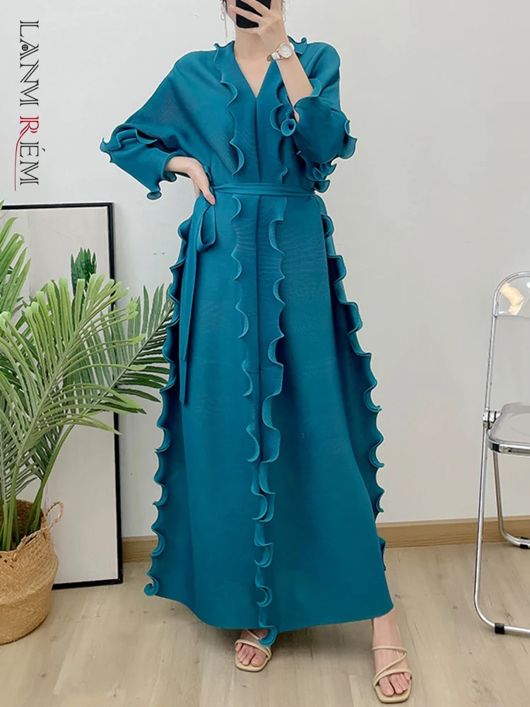 

LANMREM Pleated Ruffles Dress Women Elegant V Neck Belt Gathered Waist Solid Color Maxi Dresses Fashion New Design 2AA2101