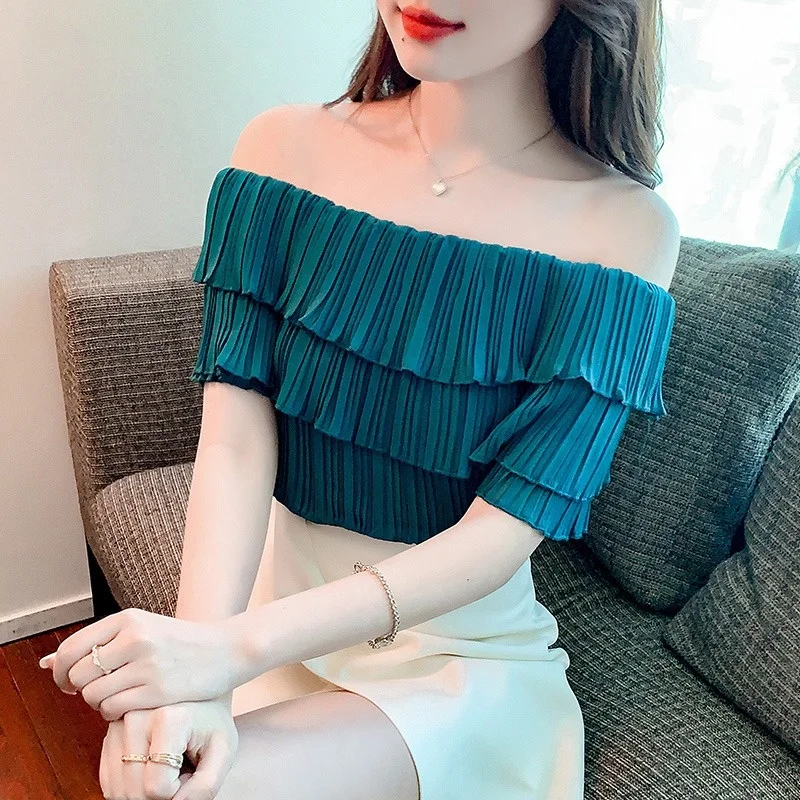 #7236 Summer Blue Elastic Pleated Blouse Women Slash Neck Sexy Club Short Chiffon Blouse Ruffles Sleeve Womens Tops And Blouses
#7236 Summer Blue Elastic Pleated Blouse Women Slash Neck Sexy Club Short Chiffon Blouse Ruffles Sleeve Womens Tops And Blouses