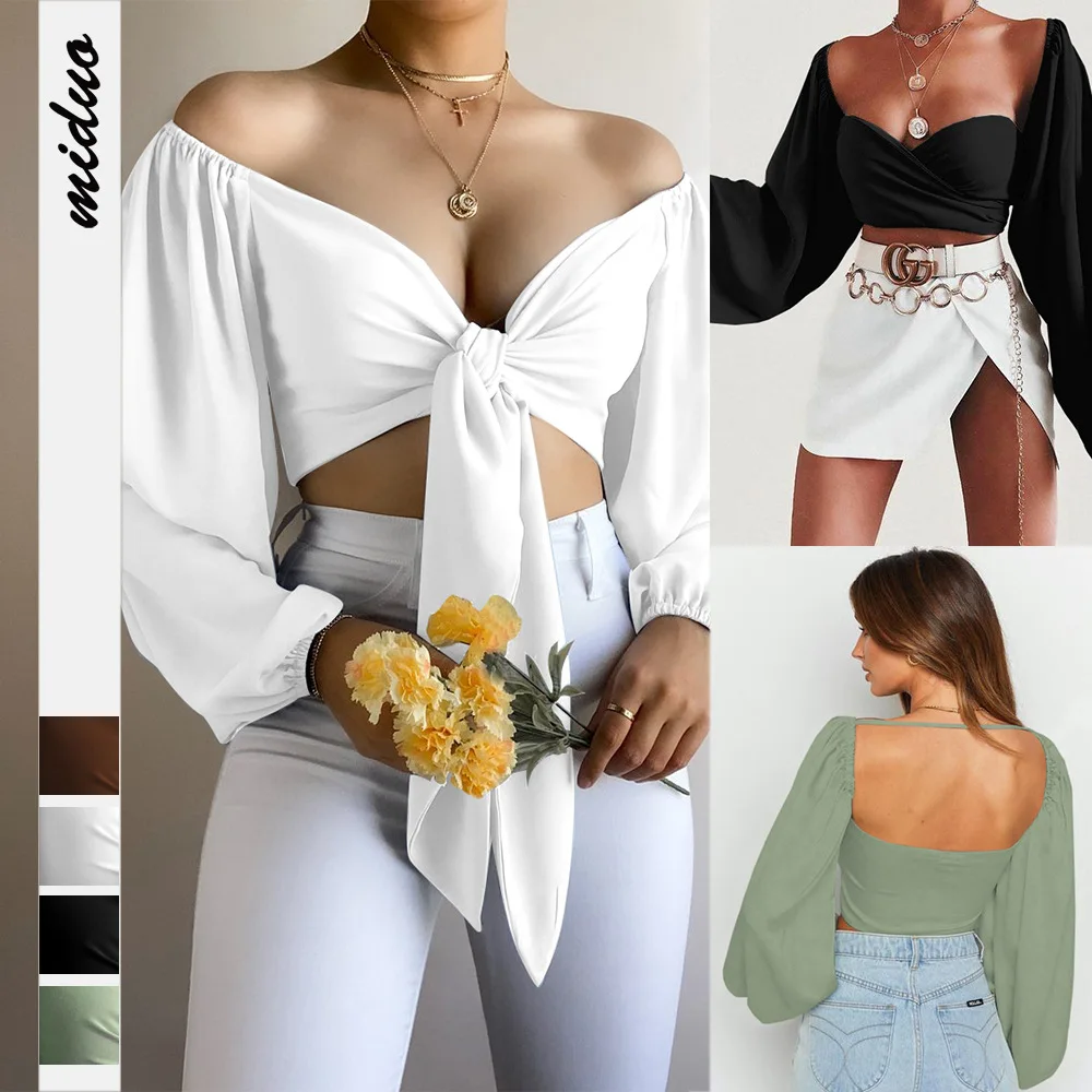 Women's T-shirt Sexy Square-Neck Tied Long Sleeves Top Autumn Ultra-Short Lantern Sleeve Backless Chiffon Shirt
Women's T-shirt Sexy Square-Neck Tied Long Sleeves Top Autumn Ultra-Short Lantern Sleeve Backless Chiffon Shirt