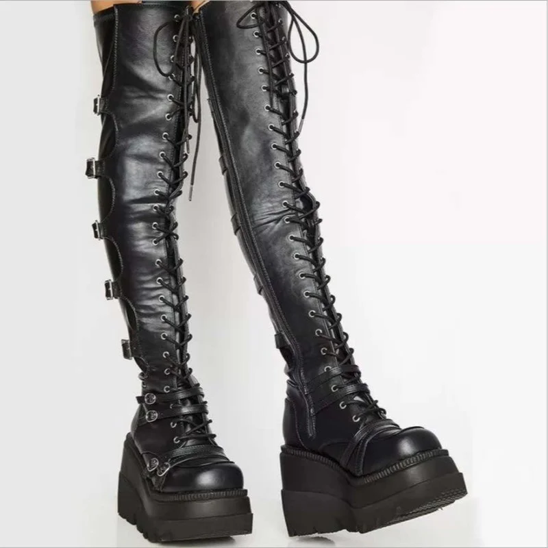 Brand Design Ladies Platform Boots Fashion Lace-up Buckle Punk Wedges High Heels Boots Women Party Goth Street Shoes Woman
Brand Design Ladies Platform Boots Fashion Lace-up Buckle Punk Wedges High Heels Boots Women Party Goth Street Shoes Woman