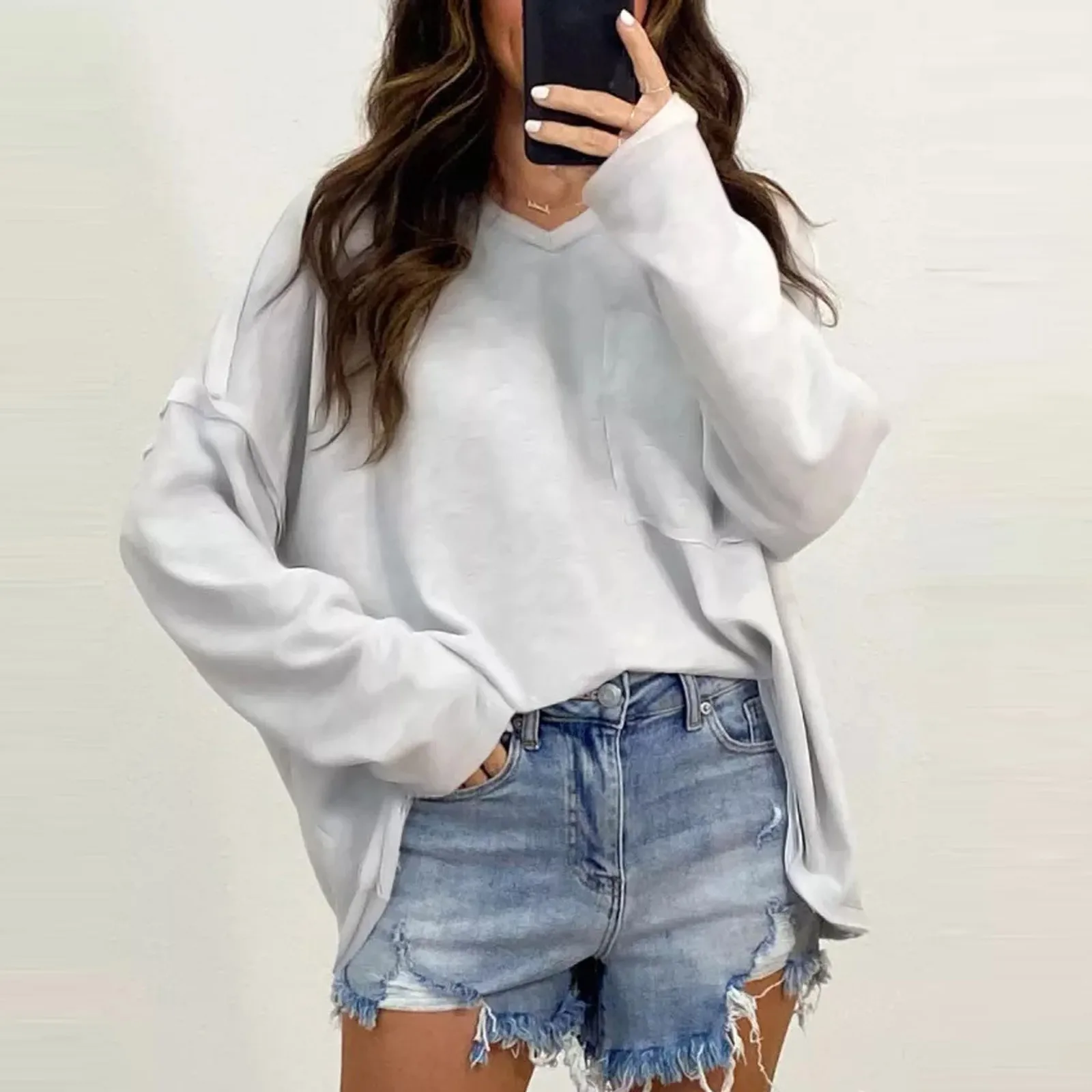 Fall Shirt Womens Casual Long Sleeve Solid V Neck Loose Sweatshirt Pocket Tops Workout Sweatshirt
Fall Shirt Womens Casual Long Sleeve Solid V Neck Loose Sweatshirt Pocket Tops Workout Sweatshirt