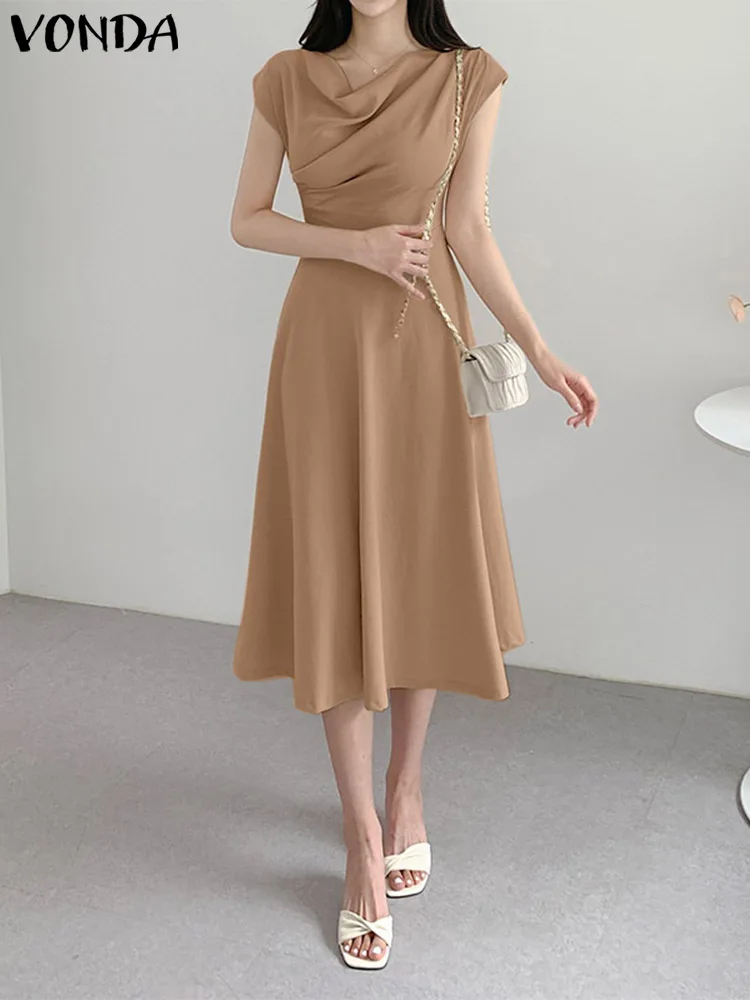 

Платье VONDA женское средней длины с коротким рукавом, элегантный пикантный плиссированный Повседневный Однотонный сарафан с V-образным вырезом, свободная юбка, лето 2023