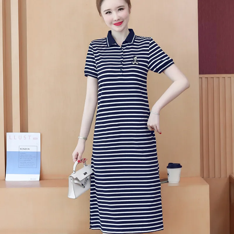#6413Summer Striped Long T Shirt Dress Women Polo-Neck Buttons Elegant A-line Dress Pockets Korean Style Midi Dress Short Sleeve
#6413Summer Striped Long T Shirt Dress Women Polo-Neck Buttons Elegant A-line Dress Pockets Korean Style Midi Dress Short Sleeve