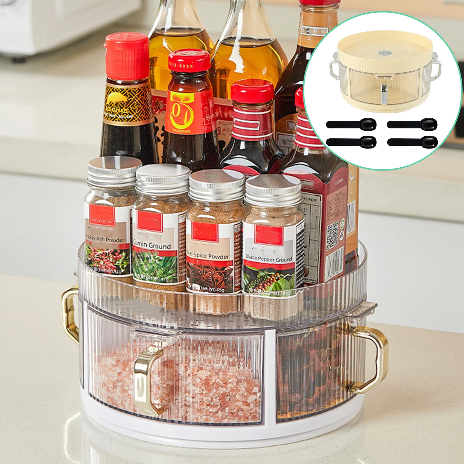 

2-Tier Lazy Susan Spice Rack 360° Rotatable Spice Racks Rotating Turntable Organizer with 4 Removable Divided Bins 2 in 1