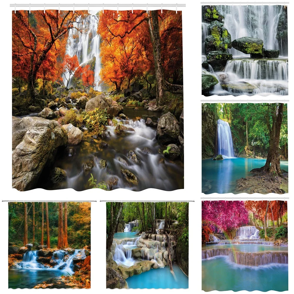 

Waterfall Shower Curtain Natural Jungle Landscape Tropical Rainforest Maple Trees Forest Falls Lake Scenery Fabric Bath Curtains