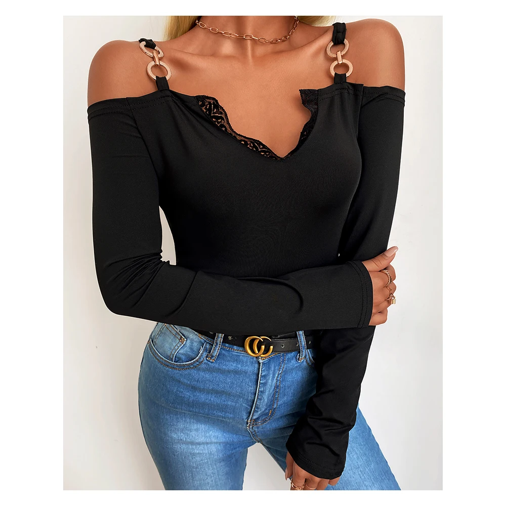 Chicme Lace Trim Cold Shoulder Chain Strap Tee Top Women Sweetheart Neck Long Sleeve Blouse Solid Black T-shirts Casual Pullover
Chicme Lace Trim Cold Shoulder Chain Strap Tee Top Women Sweetheart Neck Long Sleeve Blouse Solid Black T-shirts Casual Pullover