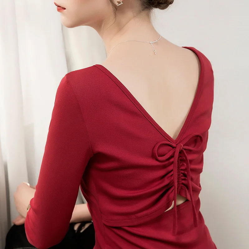 #5220 Retro Sexy Backless T Shirts Ladies Autumn Long Sleeve T Shirt Women Cotton Tshirts Female Balck Red Women's Tops Lace Up
#5220 Retro Sexy Backless T Shirts Ladies Autumn Long Sleeve T Shirt Women Cotton Tshirts Female Balck Red Women's Tops Lace Up