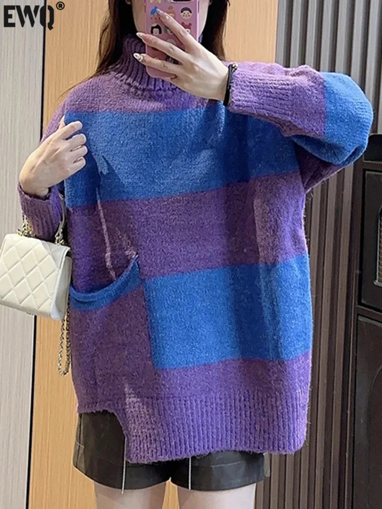 

Женский вязаный пуловер-водолазка [EWQ], плотный теплый джемпер-водолазка в полоску контрастных цветов, 6U6470, Осень-зима 2023