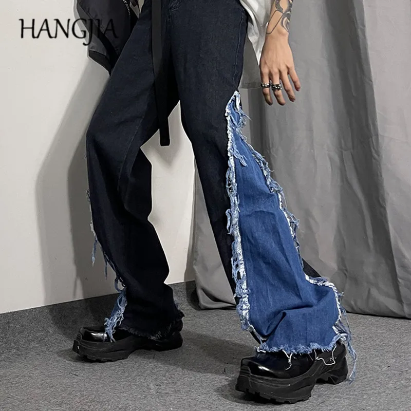 

Retro Washed Destroyed Wide Leg Jeans Hip Hop Raw Edge Stitching Flared Jeans Pant Men Streetwear Black Blue Denim Trousers