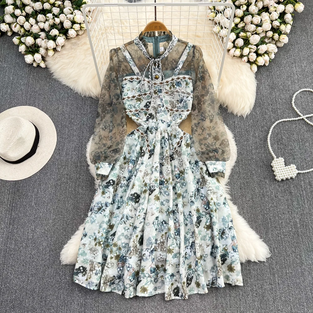 Spring and Autumn Senior Sense Retro Temperament Standing Collar Net Yarn Spell Receive Waist Slimming Ink Painting Printed A-li
Spring and Autumn Senior Sense Retro Temperament Standing Collar Net Yarn Spell Receive Waist Slimming Ink Painting Printed A-li