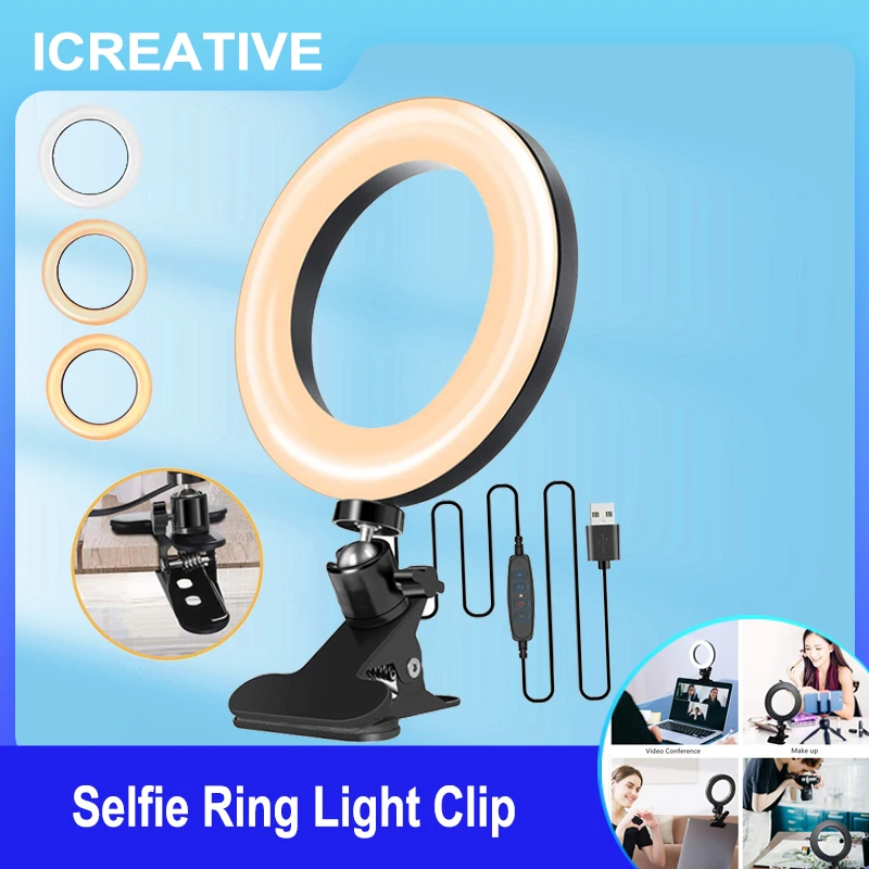 Selfie Ring Light Clip with Clamp Mount Desk Makeup Video 360 Degrees Rotatable Ring Lamp Dimmable Color Live Steam Webcam Light
Selfie Ring Light Clip with Clamp Mount Desk Makeup Video 360 Degrees Rotatable Ring Lamp Dimmable Color Live Steam Webcam Light