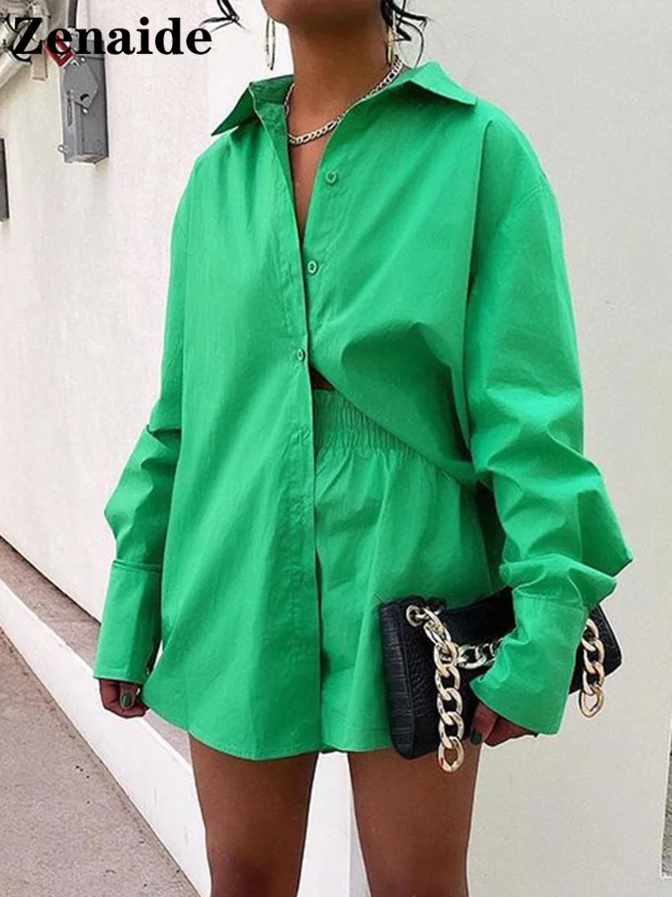 Zenaide 2022 Summer Green Long Sleeve Shirt Tops And Shorts Women Casual Two Pieces Set Fashion Oversized Tracksuits Loungewear 
Zenaide 2022 Summer Green Long Sleeve Shirt Tops And Shorts Women Casual Two Pieces Set Fashion Oversized Tracksuits Loungewear
