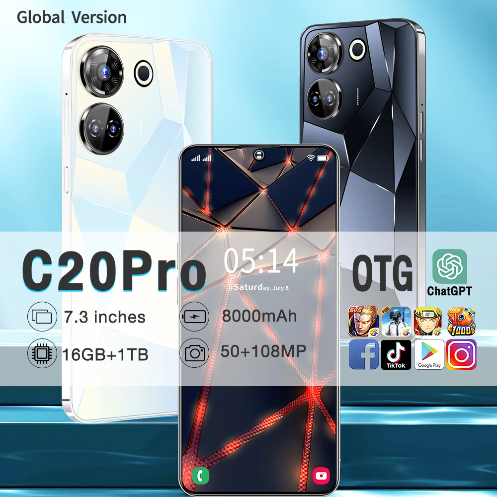 

Новый бренд C20 Pro, 7,3 дюйма, HD 4G/фототелефон, 50 + 108 МП, разблокированный с распознаванием лица, 8000 мАч, Android 13, две Sim-карты, 120 Гц, смартфон со стандартом смартфона