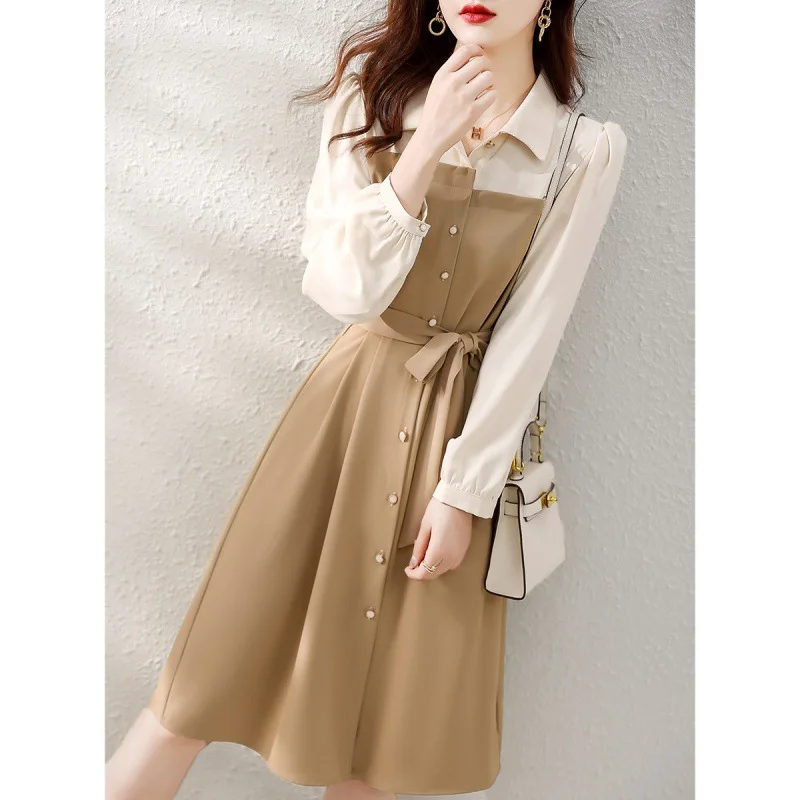 Patchwork Dresses For Women 2022 Autumn New Elegant False 2 Pieces Single-Breasted Turn Collar Blouse Style Office Lady Dress
Patchwork Dresses For Women 2022 Autumn New Elegant False 2 Pieces Single-Breasted Turn Collar Blouse Style Office Lady Dress