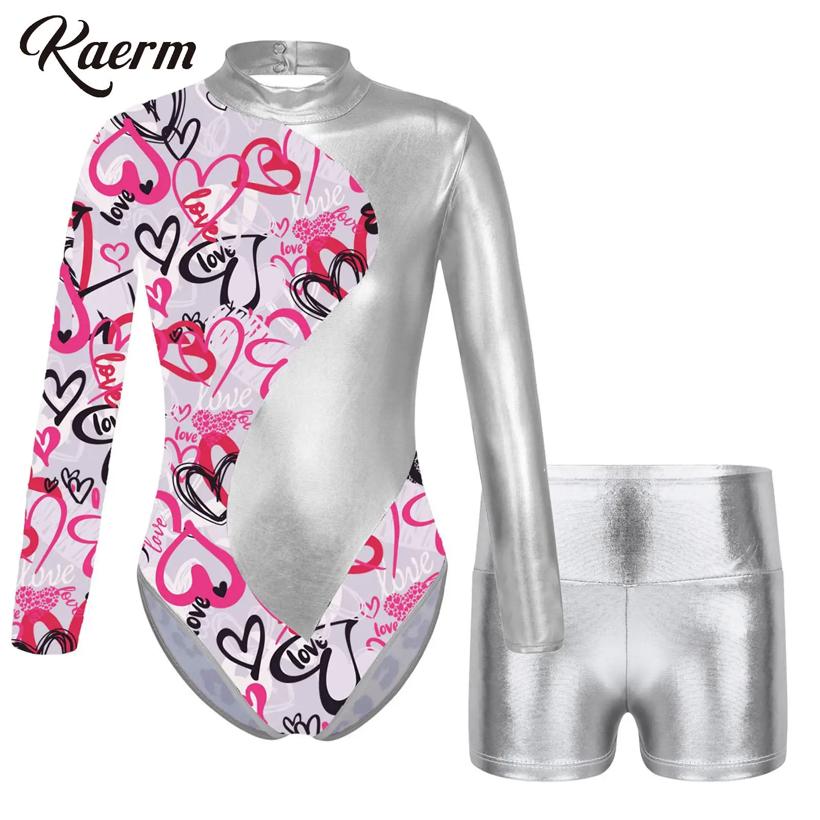 

Gymnastics Leotard for Kids Girls Ballet Dance Tumbling Uniform Metallic Cutout Back Unitard with Shorts Ice Skater Bodysuit