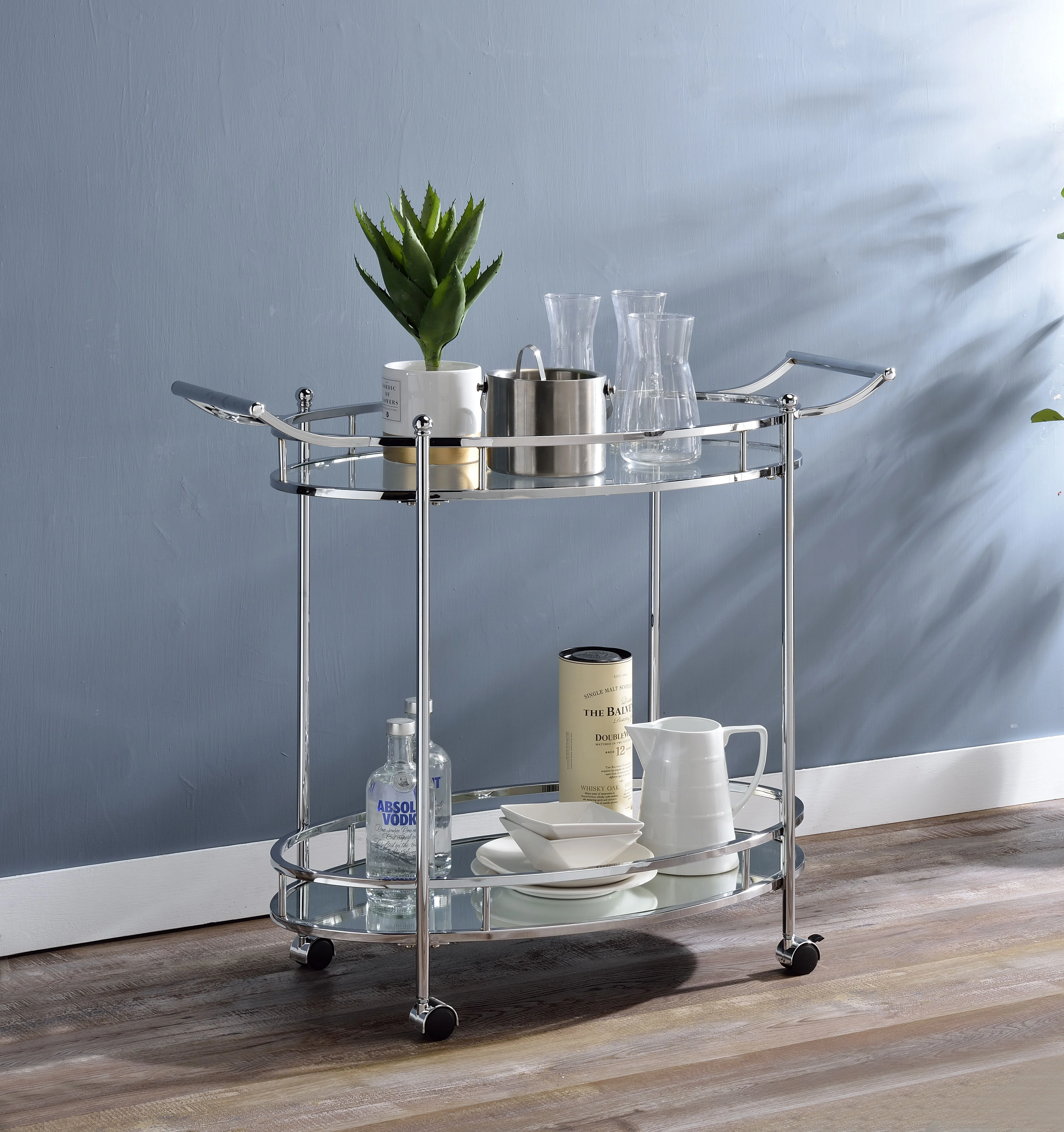 

Serving Cart Drinks Trolley Delivery Bar Cart Serving Cart Organizer with Wheels Clear Glass Chrome Finish Hotels Trolley