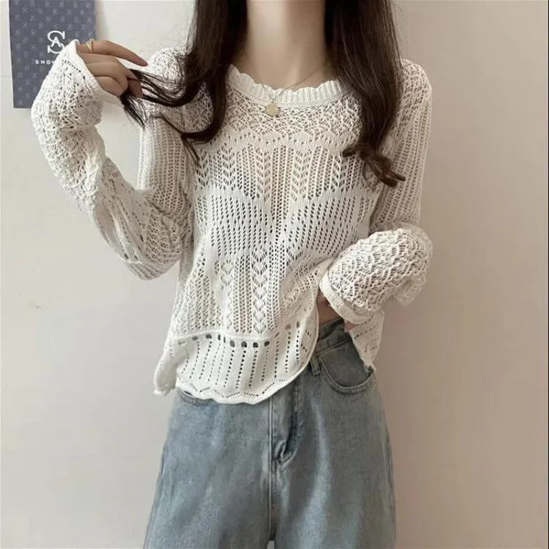 

Loose hollowed-out crochet knitted long-sleeved t shirt women spring and summer vintage design sense sunscreen knitwear t shirt