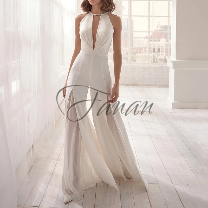 Simple Sleeves Halte Neck wedding dresses 2022 Floor Length Chiffion Wedding Jumpsuit Formal Backless Bridal Gowns Party
Simple Sleeves Halte Neck wedding dresses 2022 Floor Length Chiffion Wedding Jumpsuit Formal Backless Bridal Gowns Party