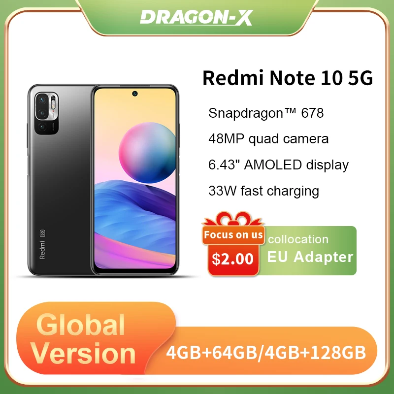 Глобальная версия смартфона Xiaomi Redmi Note 10 5G NFC 4 Гб 64 ГБ/4 ГБ 128 48 МП камера Dimensity 700 5000
