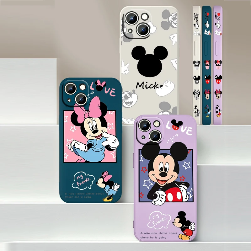 

Cute Minnie Mickey Mouse Art Phone Case For Apple iPhone 14 13 12 mini 11 8 7 XS XR SE 2020 Pro Max Plus Liquid Left Rope Cover