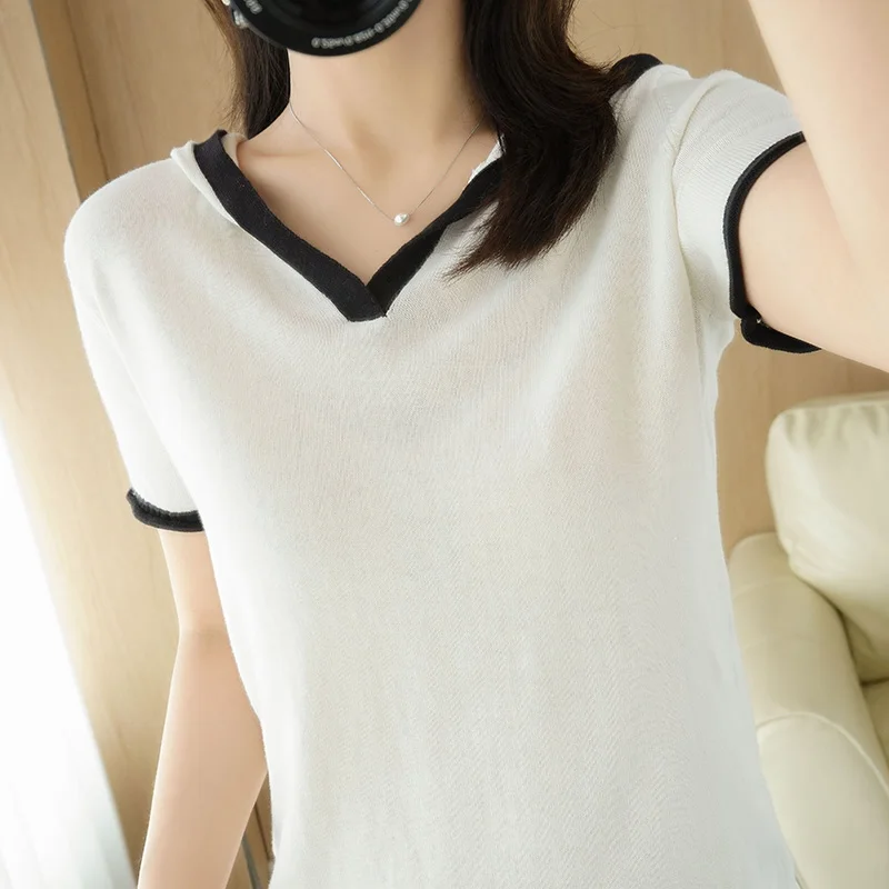 Women's T-Shirt Summer New Worsted Knit Pullover Short Sleeve Casual Patchwork Hood Collar Ladies Top Loose Tees Overside Blouse
Women's T-Shirt Summer New Worsted Knit Pullover Short Sleeve Casual Patchwork Hood Collar Ladies Top Loose Tees Overside Blouse