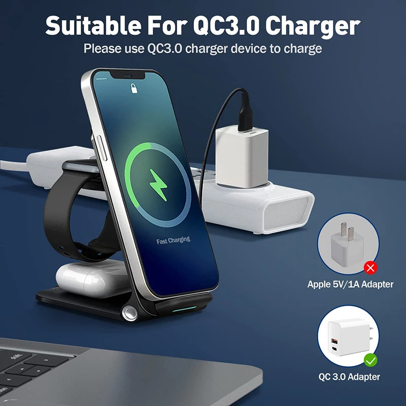 

15W 3 in 1 Wireless Charger Foldable for Samsung iPhone Airpods iWatch Charging Station Holder Stand Travel Charger Docking