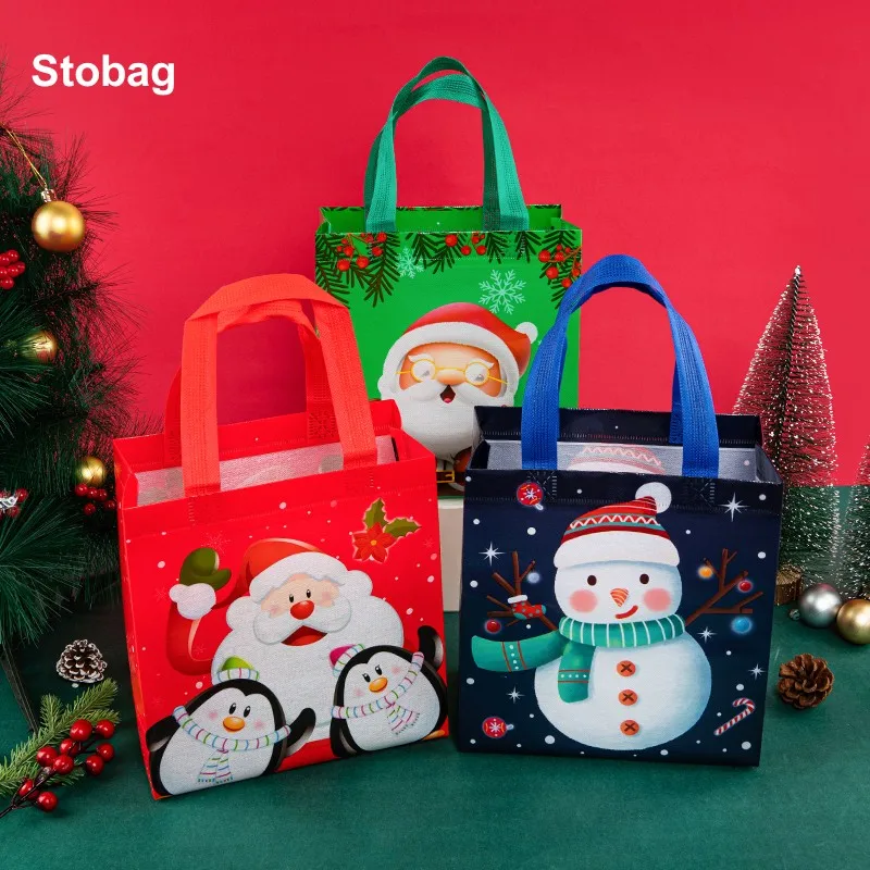 

StoBag 12pcs Merry Christmas Non-woven Bags Tote Gift Candy Package Fabric Cloth Waterproof Storage Reusable Pouch Party Favors