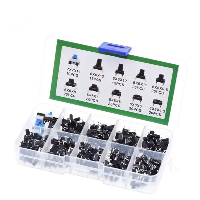 10 types of 180 button switches, directly inserted light touch switch, button switch classification box kit 7 * 7 * 14mm 
10 types of 180 button switches, directly inserted light touch switch, button switch classification box kit 7 * 7 * 14mm