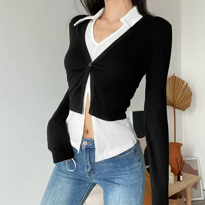 Hikigawa Chic Fashion Women Contrast Color Patchwork Fake Two Piece V Neck Longh Sleeve T-Shirts Slim Waist All Match Tops Mujer
Hikigawa Chic Fashion Women Contrast Color Patchwork Fake Two Piece V Neck Longh Sleeve T-Shirts Slim Waist All Match Tops Mujer