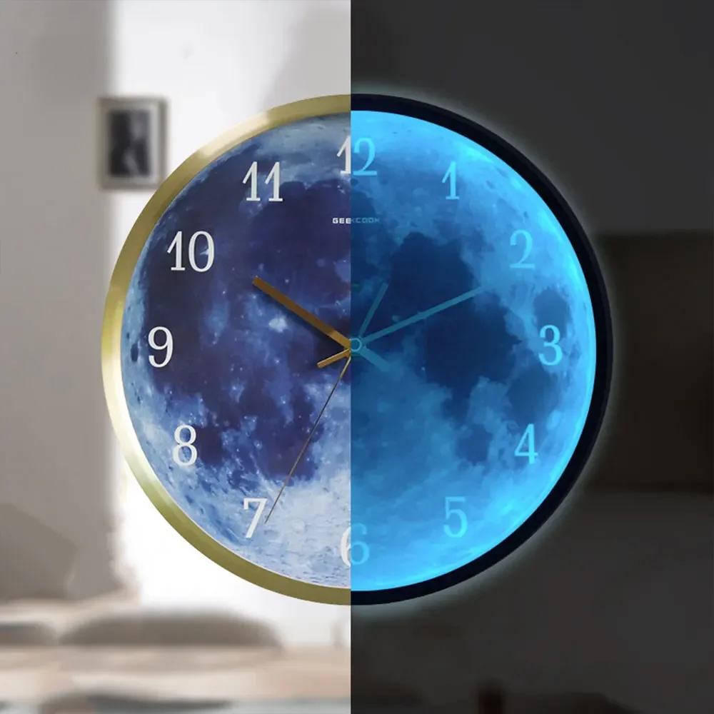 

12 дюймов художественный дизайн настенные часы синяя Луна Звуковое управление светящийся цифровой современный тихий гостиная спальня круглый декор