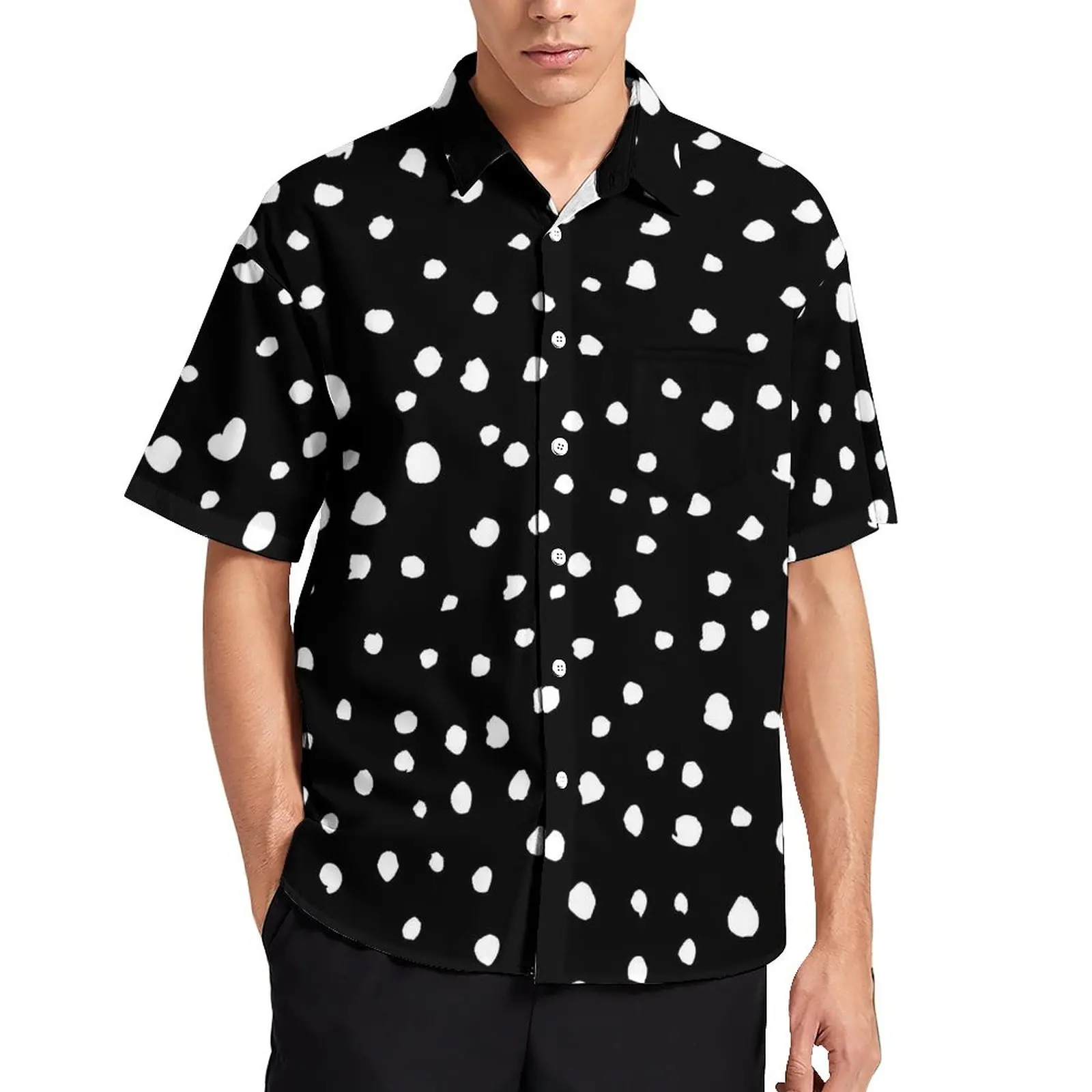

Dalmatian Spots Print Loose Shirt Male Beach White Polka Dots Casual Shirts Hawaii Design Short Sleeves Vintage Oversize Blouses