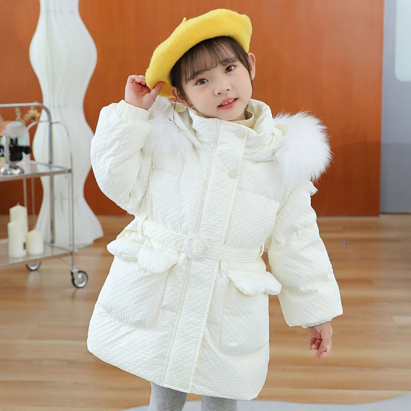 

Kids Winter Clothes for Toddler Girls Long Down Parkas Hooded Elegant Sweet New Coat Jacket 9 to 14 Years Big Fur Collar Belt 8Y