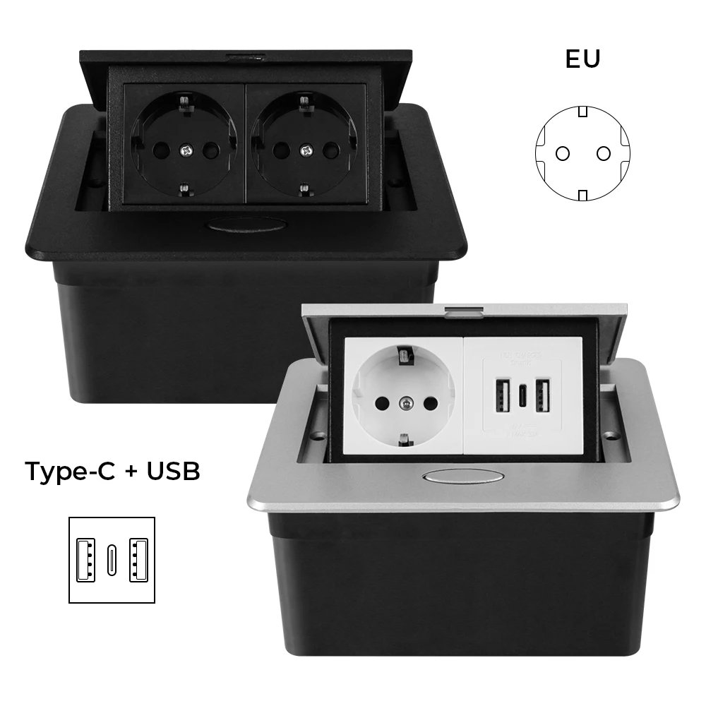 

Table Outlet Hidden Black Silver Desktop Socket 220V Metal Panel Slow Pop-Up EU USB Type-C For Meeting Room Office Kitchen