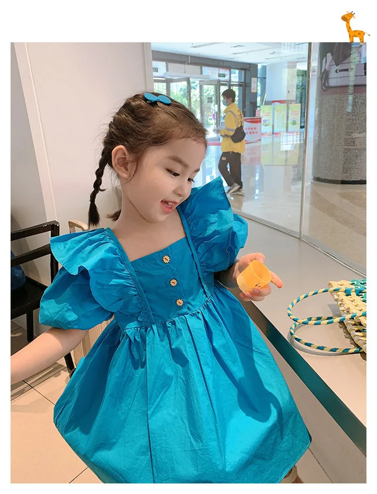 

2023 Summer New Arrival Girls Short Sleeve O Neck Ruffles Blue Roupa Infantil Menina Cute Party Dress Custume 18M-7T