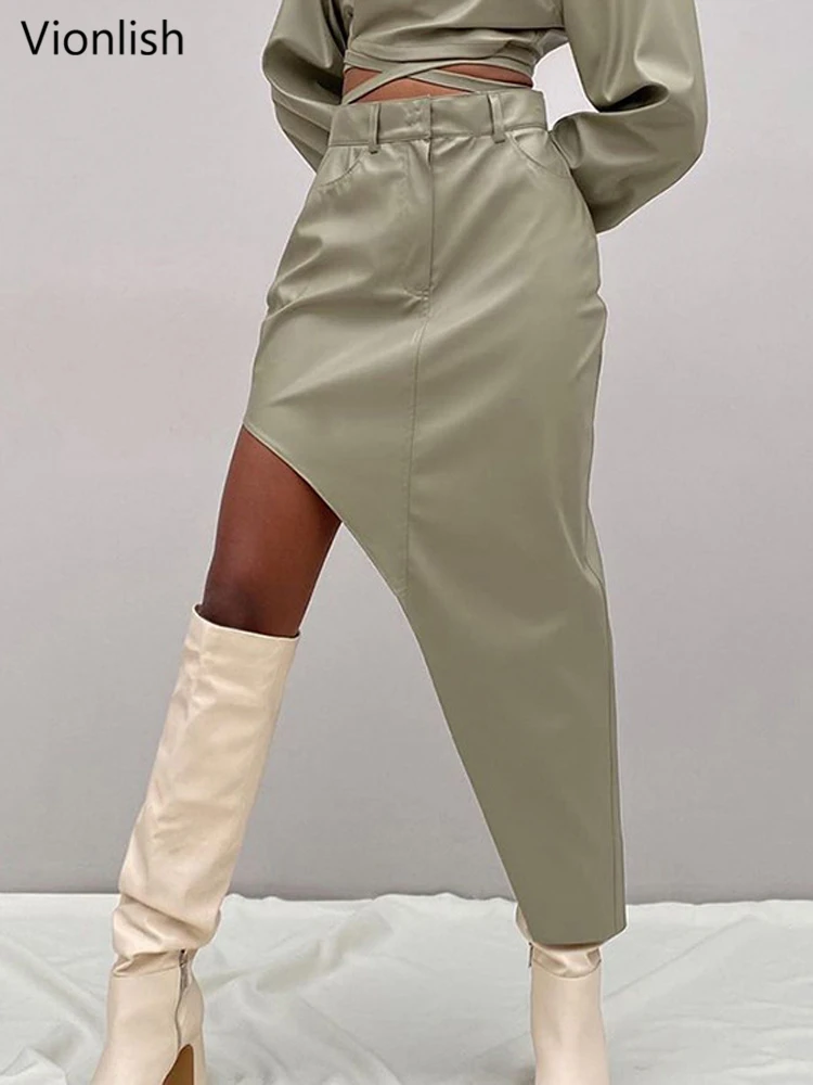 Vionlish Chic Stylish Irregular PU Leather Skirts for Women High Waist Slim Pockets Female Package Hip Midi Skirts 2022 Summer
Vionlish Chic Stylish Irregular PU Leather Skirts for Women High Waist Slim Pockets Female Package Hip Midi Skirts 2022 Summer