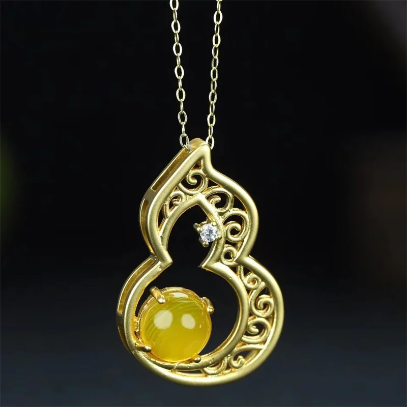 

Hot selling natural hand-carved inlay copper plated 24k Yellow gourd Necklace pendant fashion Jewelry Men Women Luck Gifts