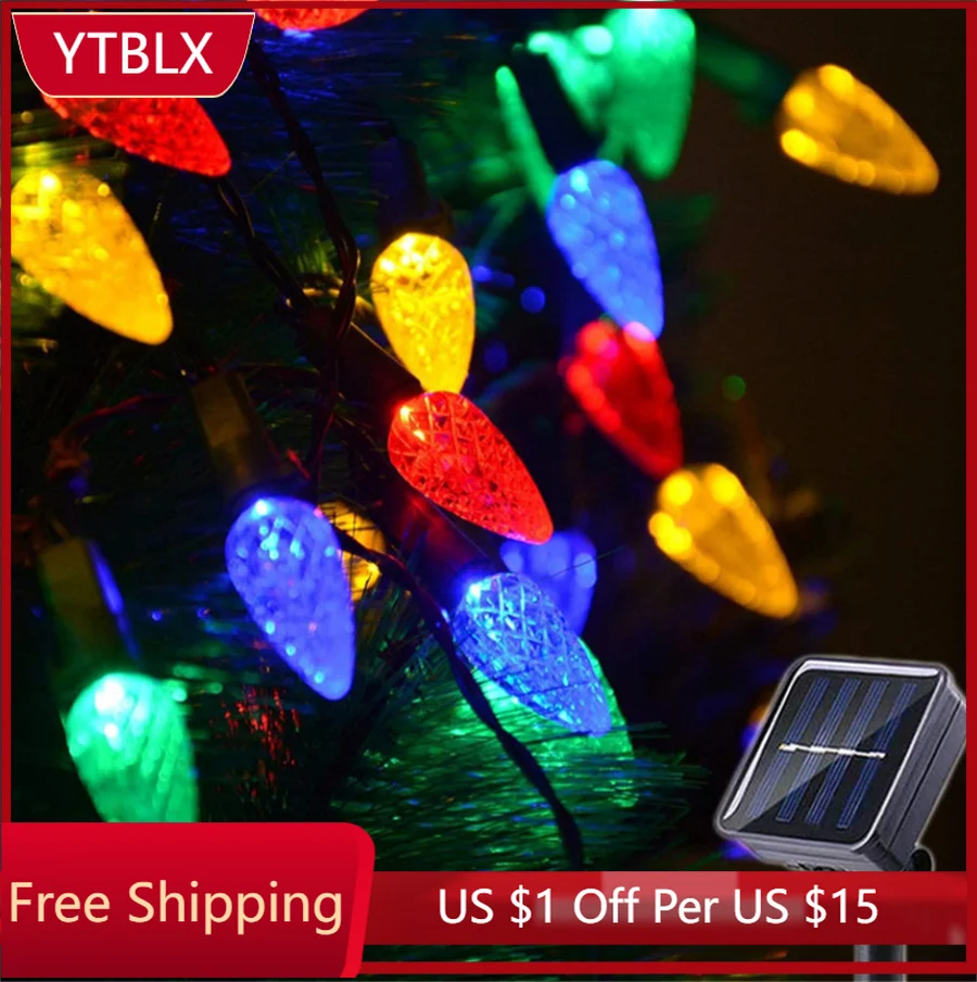 

50/100 LED Multicolored C6 Solar String Light Garland Outdoor Christmas Strawberry String Light 8 Mode for Patio Xmas Tree Decor