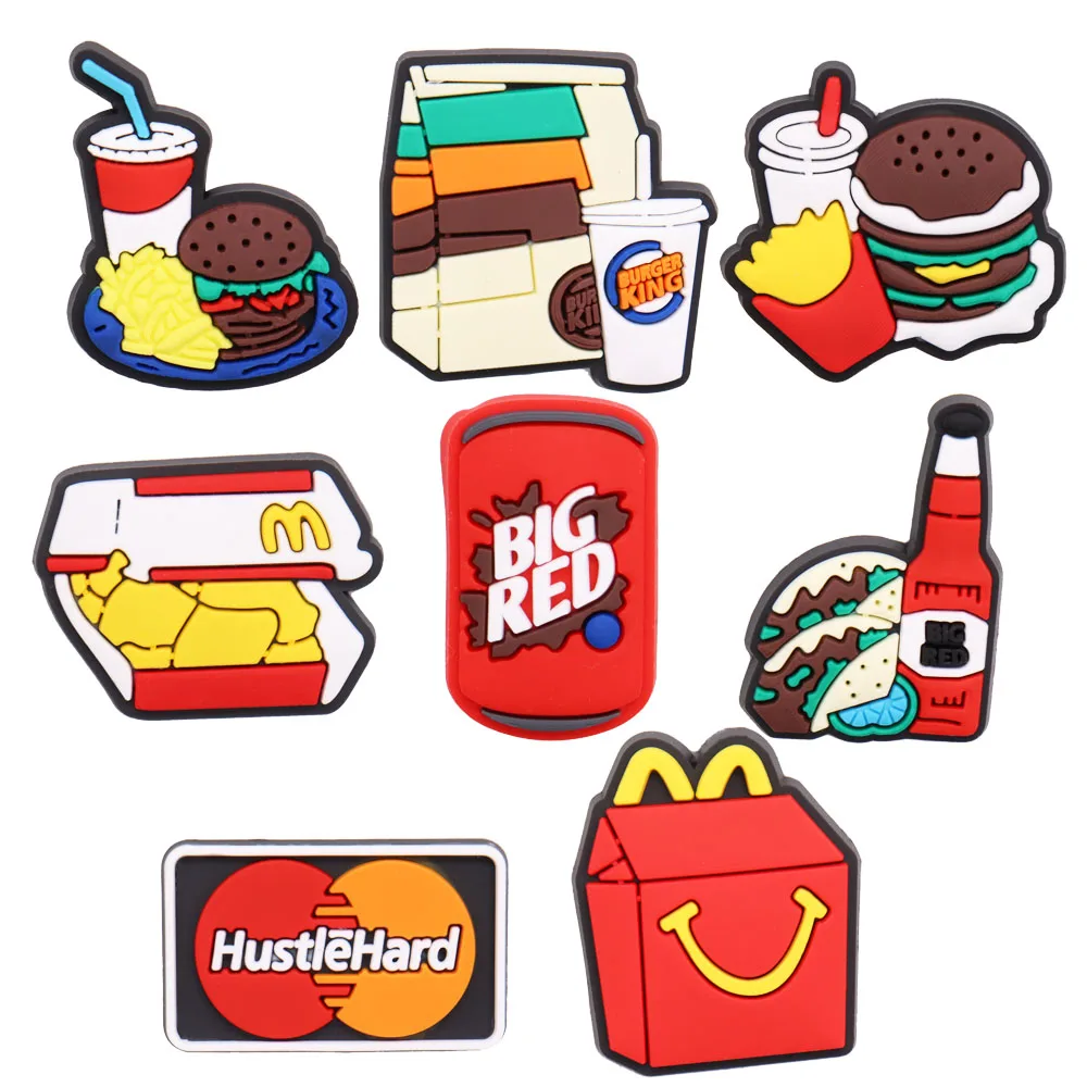 

Hot Sale 1pcs Shoe Charms Hamburger Fries Drink Snacks PVC Cute Garden Shoe Buckle Decoration Fit Croc Jibz Kids X-mas Gift