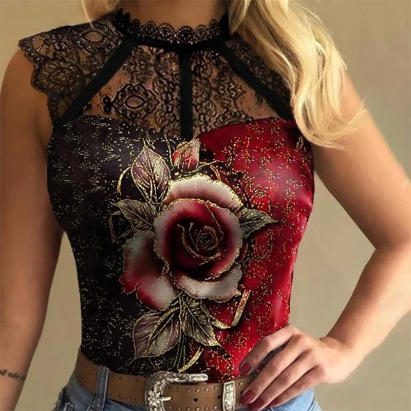 Fashion Rose Flower Office Top Shirt Ladies Sexy Lace T-shirt Sleeveless Round Neck Lotus Leaf Collar Transparent Top Spring
Fashion Rose Flower Office Top Shirt Ladies Sexy Lace T-shirt Sleeveless Round Neck Lotus Leaf Collar Transparent Top Spring