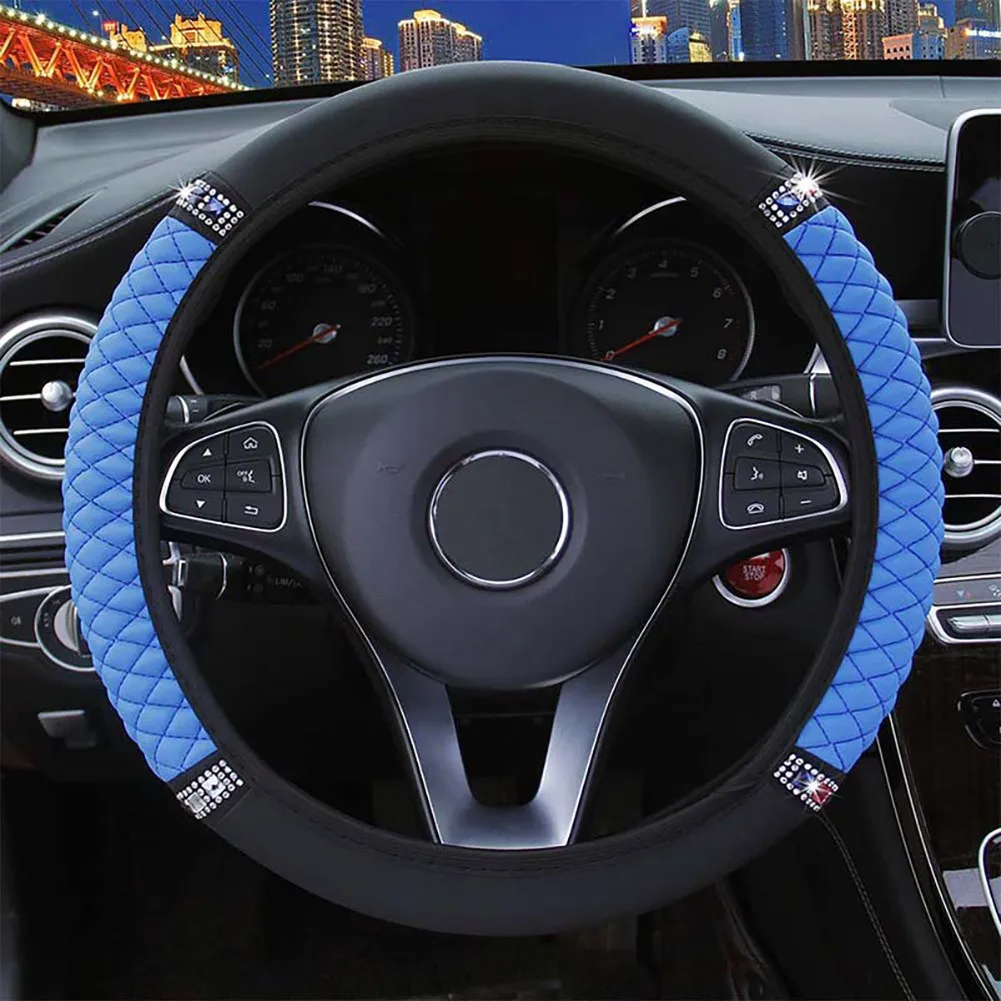 

For 38-37CM Steering Wheel Cover Black + Blue Car Diamond Interior Universal 1 Pcs Anti-Slip Auto High Quality