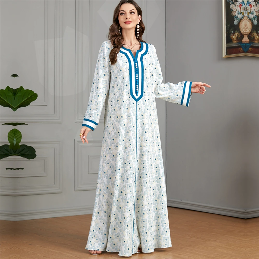 

Kaftan Floral Print Abayas for Women Muslim Maxi Dress Eid Ramadan Gulf Jalabiya Arabic Robe Dubai Turkey Abaya Islamic Caftan